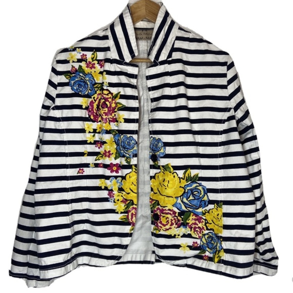 Life Style Cotton Striped Navy & White Floral Sequin Blazer XL